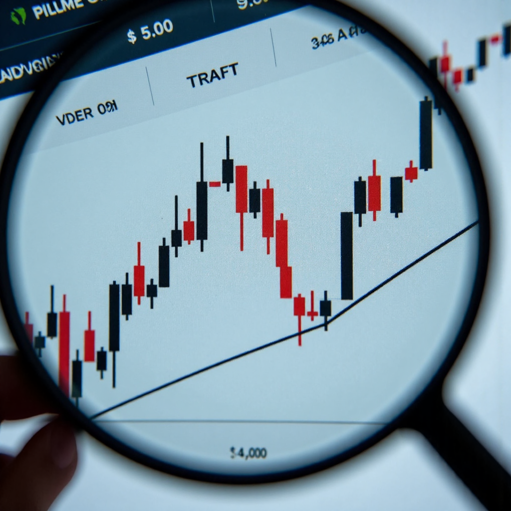 放大鏡聚焦金融圖表特定區段,突顯趨勢線與指標匯聚點的視覺隱喻,代表萃取交易潛力