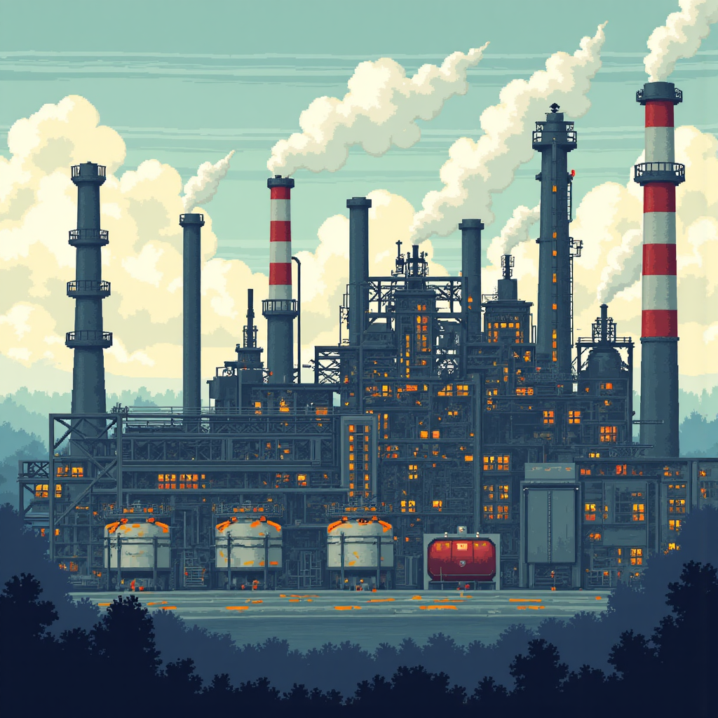 美國油煉廠的像素藝術插圖，描繪蒸汽升騰的儲罐和管道，表現原油庫存管理和利用過程